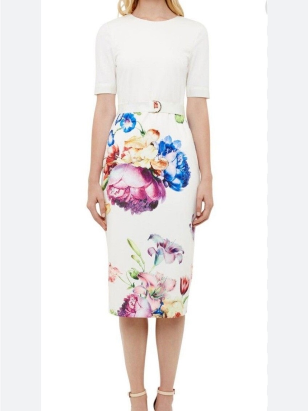 White Floral Bodycon Dress - Elegant Printed Midi